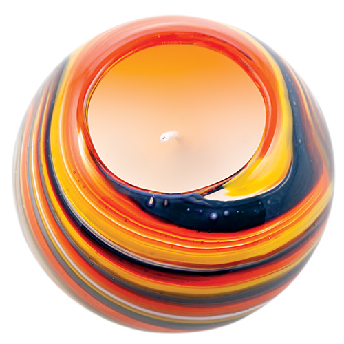 Miniature Round Candleholder (Orange with Pigeon Blue & Yellow) Malta,Glass Lifestyle Range Malta, Glass Lifestyle Range, Mdina Glass