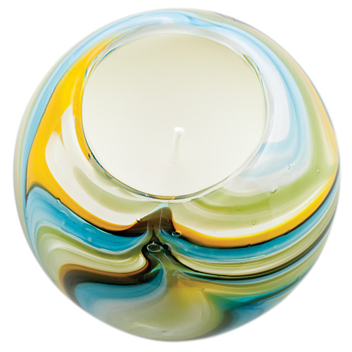 Miniature Round Candleholder (Turquoise with Yellow & Green) Malta,Glass Lifestyle Range Malta, Glass Lifestyle Range, Mdina Glass